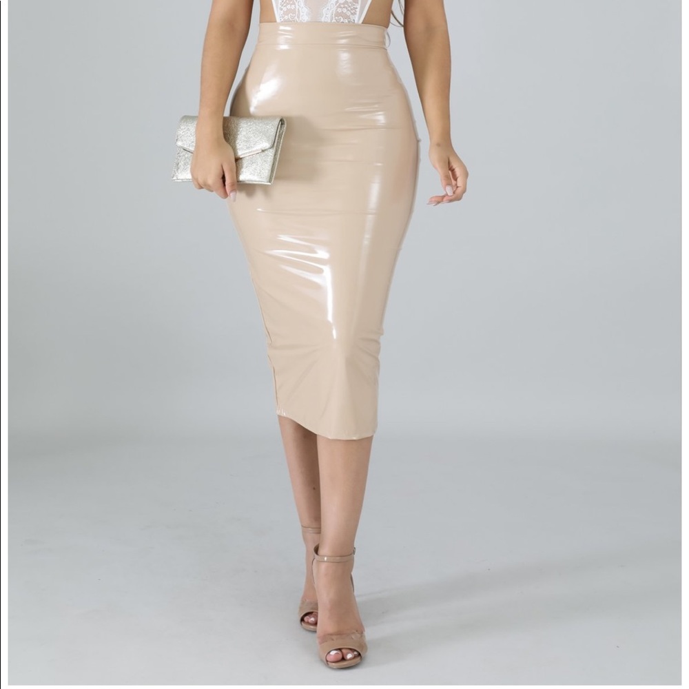 High-Waist Beige Vinyl Midi Skirt